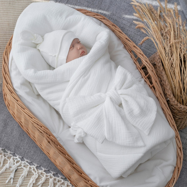 Одеяло на выписку 90х90 «Муслиновое», с бантом на резинке летнее Молочный