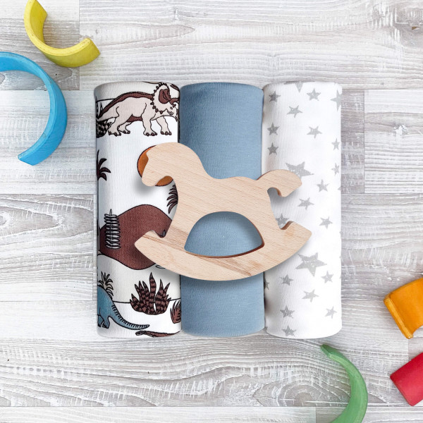 Сет из 3х пелёнок Mjölk Dinoworld/Звёзды/Baby Blue 80*80 см 