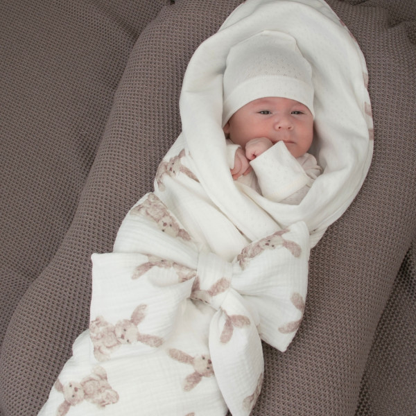 Комплект на выписку 4 предмета "Ажур.Муслин Плед", зайки, лето