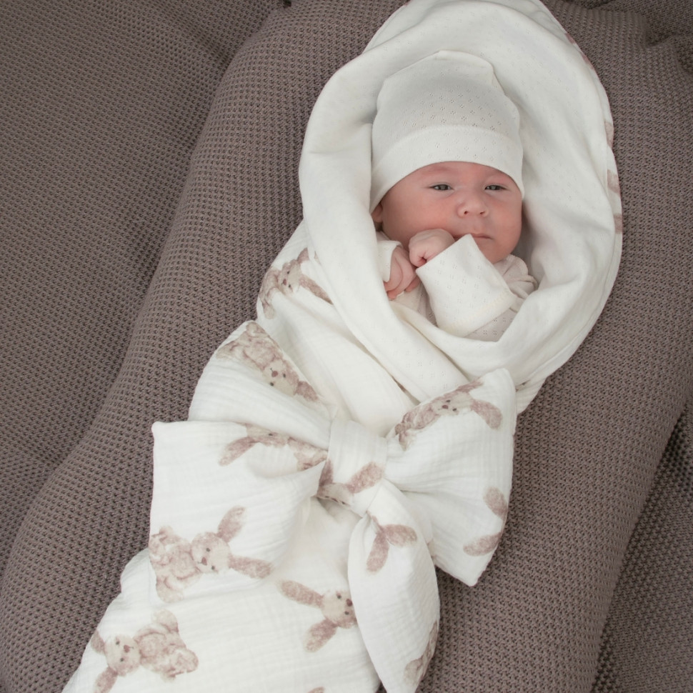 Комплект на выписку 4 предмета "Ажур.Муслин Плед", зайки, лето