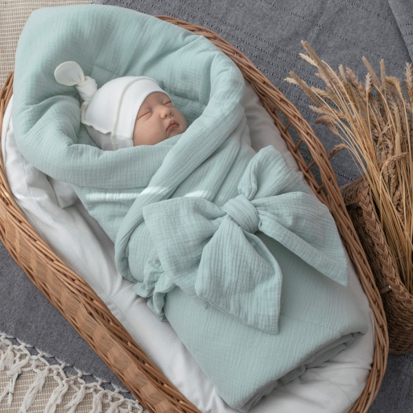 Одеяло на выписку 90х90 «Муслиновое», с бантом на резинке летнее Полынь 