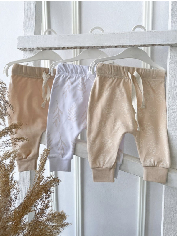 Комплект штанишек 3 шт бежевый/листочки/веточки