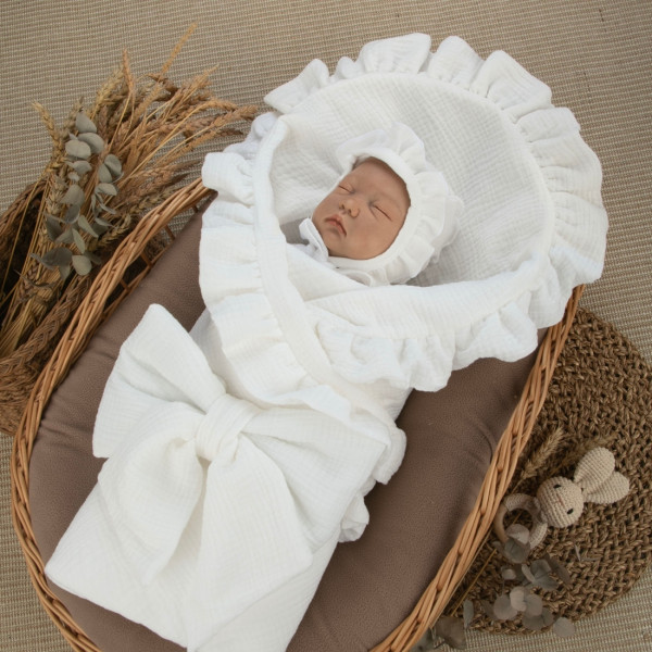 Комплект на выписку 4 предмета "Муслин Рюша.Плед", молоко, лето