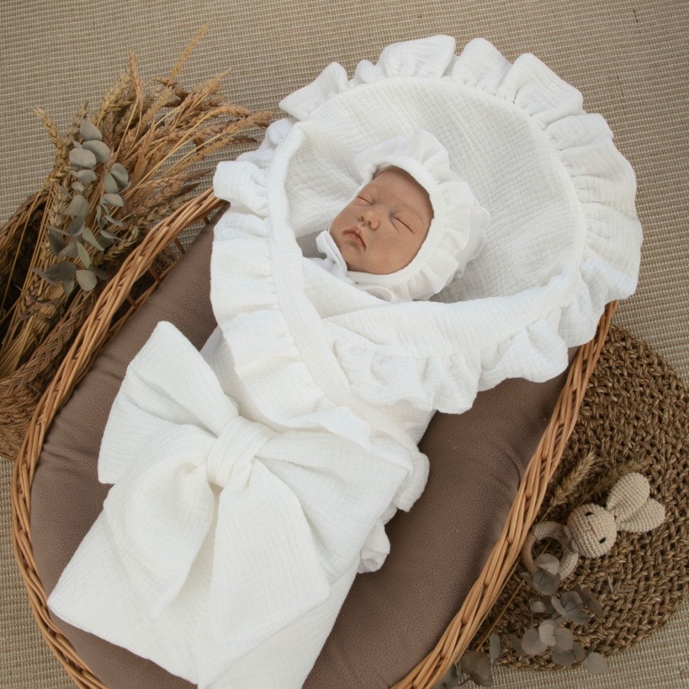 Комплект на выписку 4 предмета "Муслин Рюша.Плед", молоко, лето