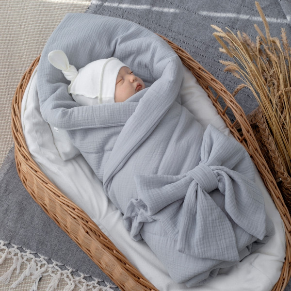 Одеяло на выписку 90х90 «Муслиновое», с бантом на резинке летнее  Серый