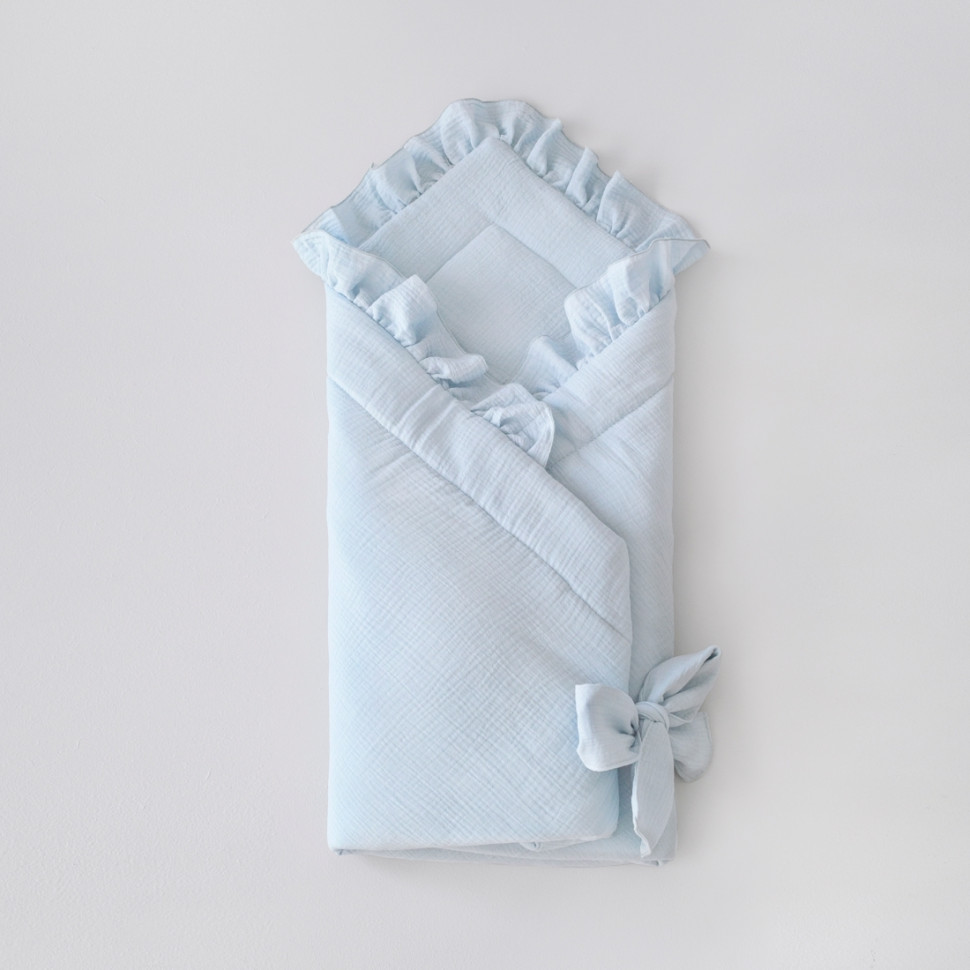 Одеяло на выписку 90х90 «Муслиновое», с бантом с рюшами летнее Голубой 