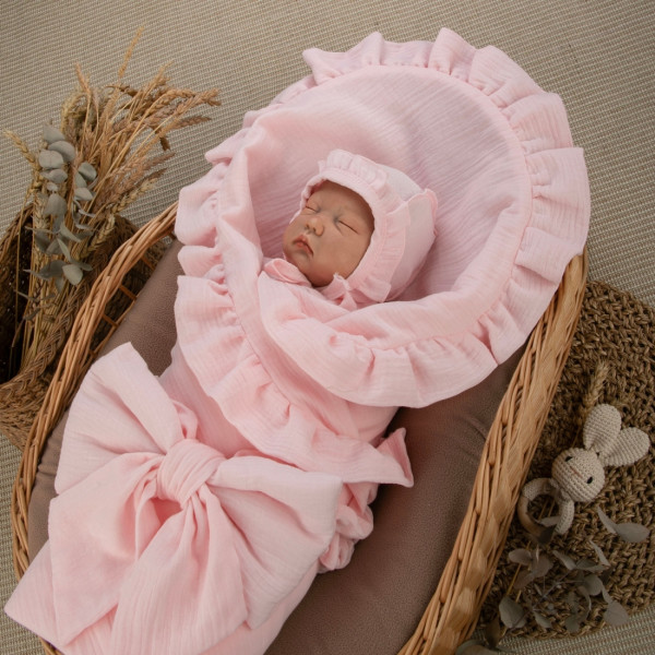 Комплект на выписку 4 предмета "Муслин Рюша.Плед", розовый, лето