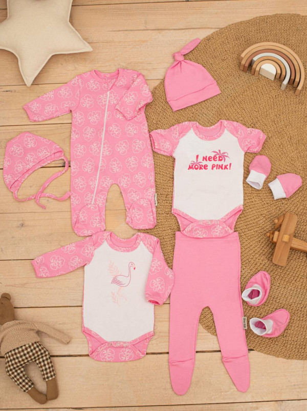 Комплект нательный 8пр (боди с д/р,боди с к/р,слип,ползунки,шапочка,чепчик,пинетки, царапки) Розовые листочки