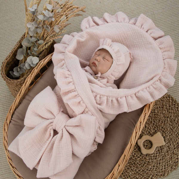 Комплект на выписку 4 предмета "Муслин Рюша.Плед", пудра, лето