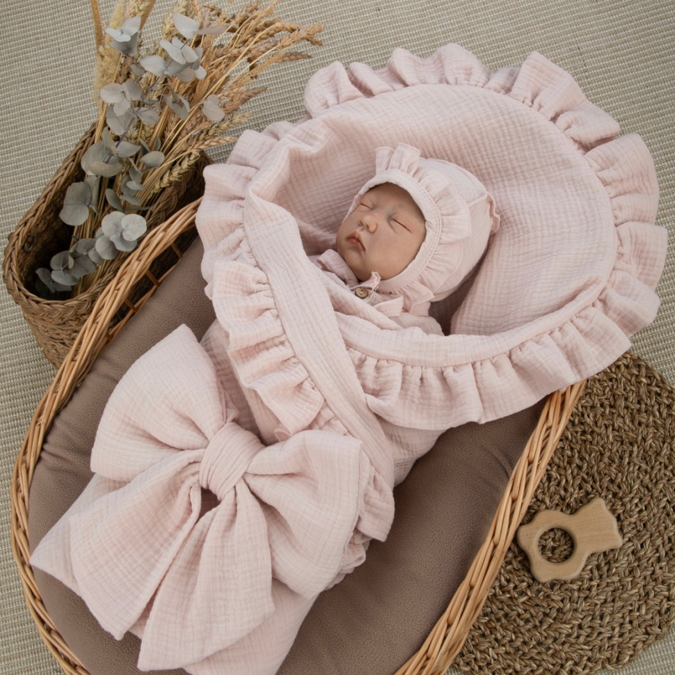 Комплект на выписку 4 предмета "Муслин Рюша.Плед", пудра, лето