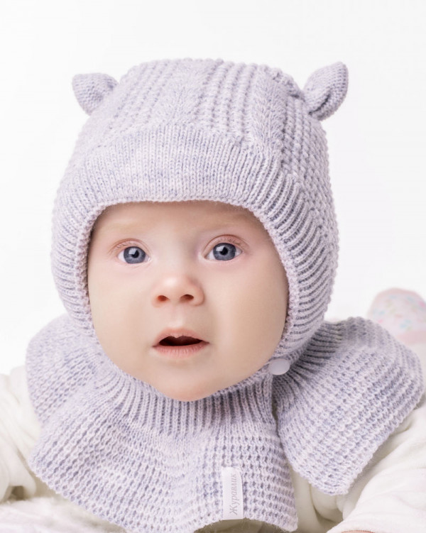 Шапочка с манишкой с ушками 7201 Зима серая