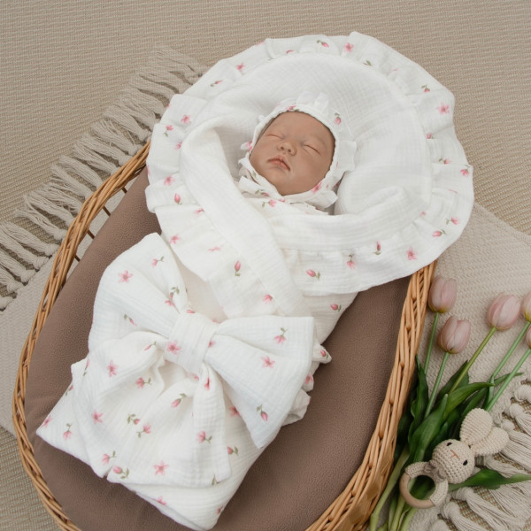 Комплект на выписку 4 предмета "Муслин Рюша.Плед", тюльпанчики, лето