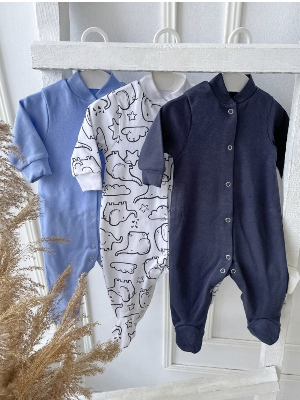 Комплект из 3 шт комбинезонов-слип небесный/мокрый асфальт/слоники