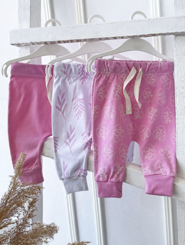 Комплект штанишек 3 шт розовый/листочки/веточки 