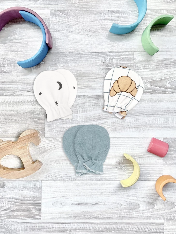 Рукавички-антицарапки Mjölk Круассаны/Ночное небо/Baby Blue сет из 3х пар