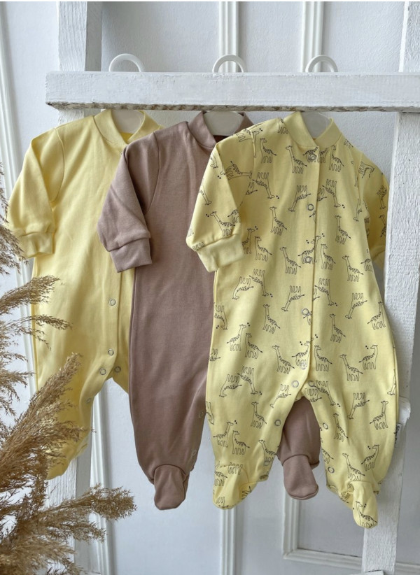 Комплект из 3 шт комбинезонов-слип Желтый/Жирафики/Тауп грей