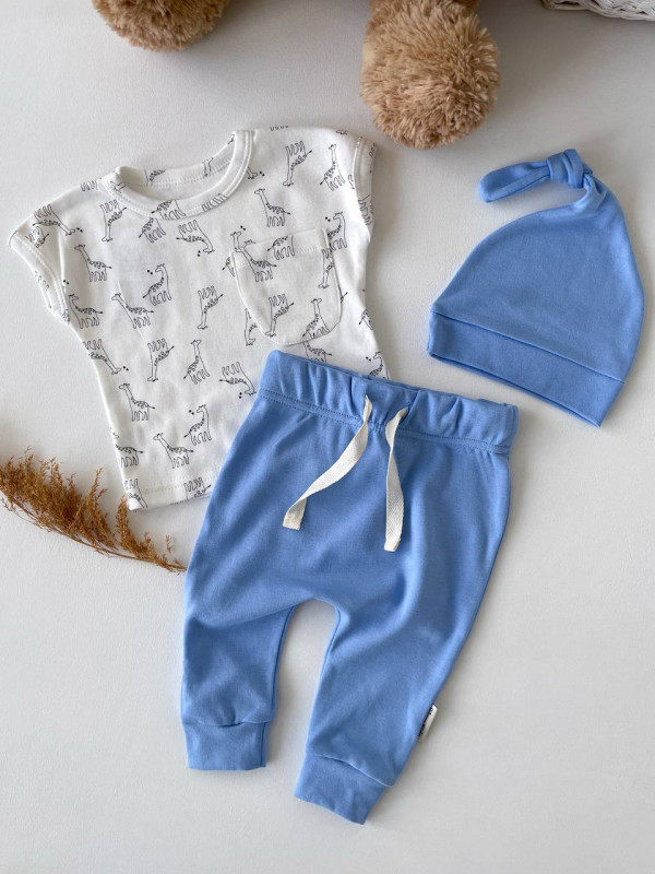 Комплект из 3 предметов (футболка, штанишки и шапочка) Небесный