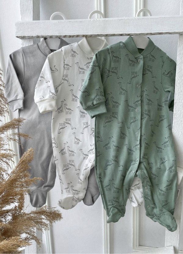 Комплект из 3 шт комбинезонов-слип Зеленые/Белые жирафы/Пепел
