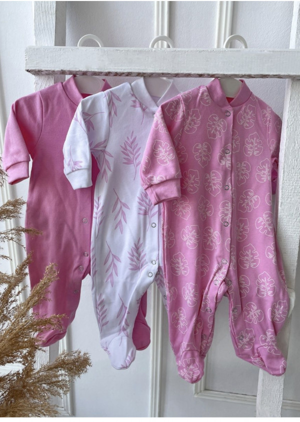 Комплект из 3 шт комбинезонов-слип Розовый/Листочки/Веточки
