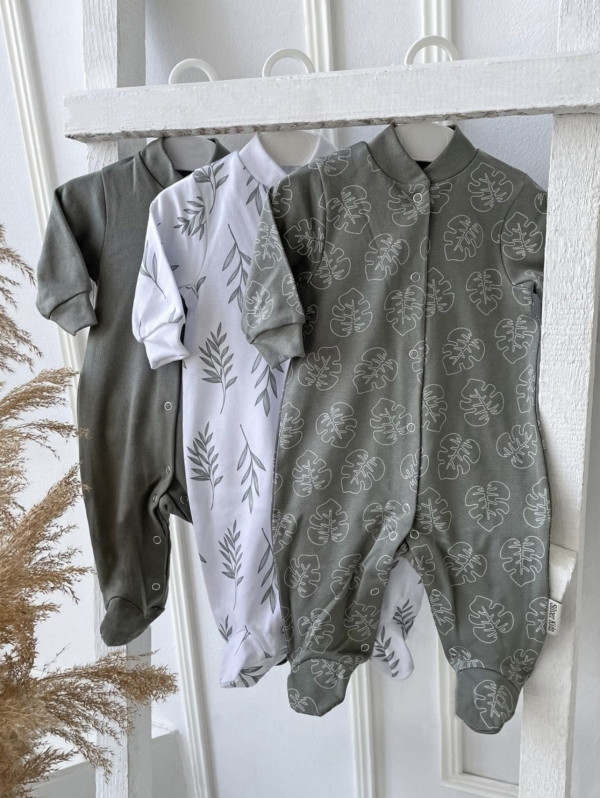 Комплект из 3 шт комбинезонов-слип  Хаки/Листочки/Веточки