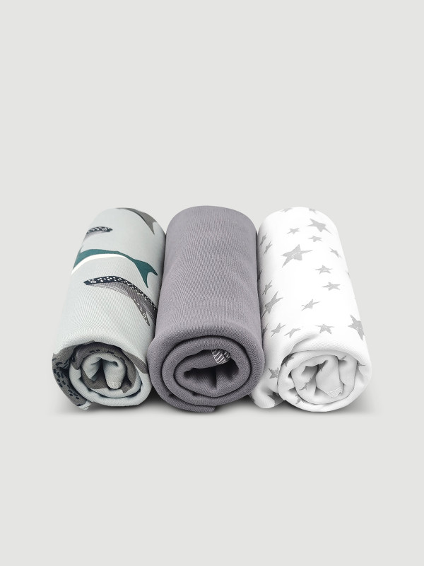 Сет из 3х пелёнок Mjölk Акулы/Звёзды/Fog 120*85 см 