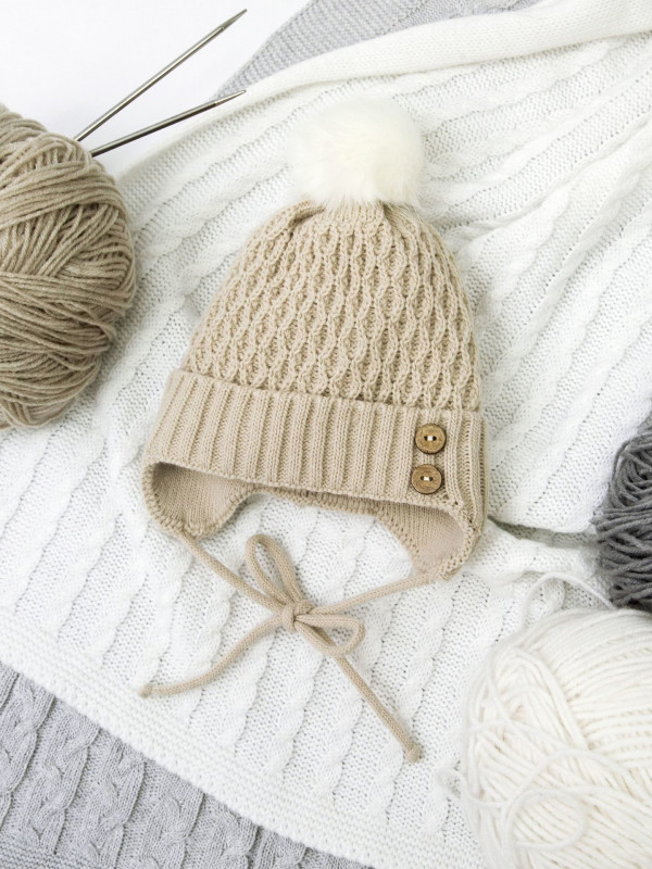 Шапочка вязаная  утепленная Бежевая 38-40