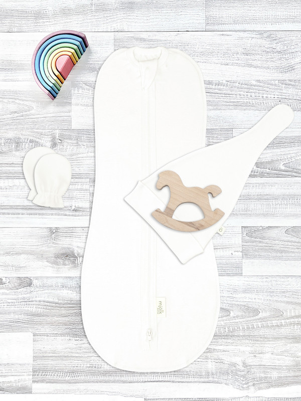 Комплект для новорожденного Mjölk Ecru {пеленальный кокон, шапочка, антицарапки}