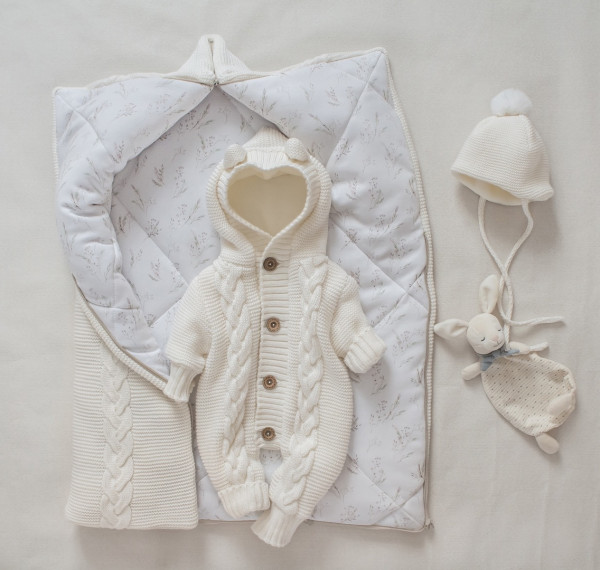 Комплект 3 предмета с ушками демисезонный Молочный с веточками 