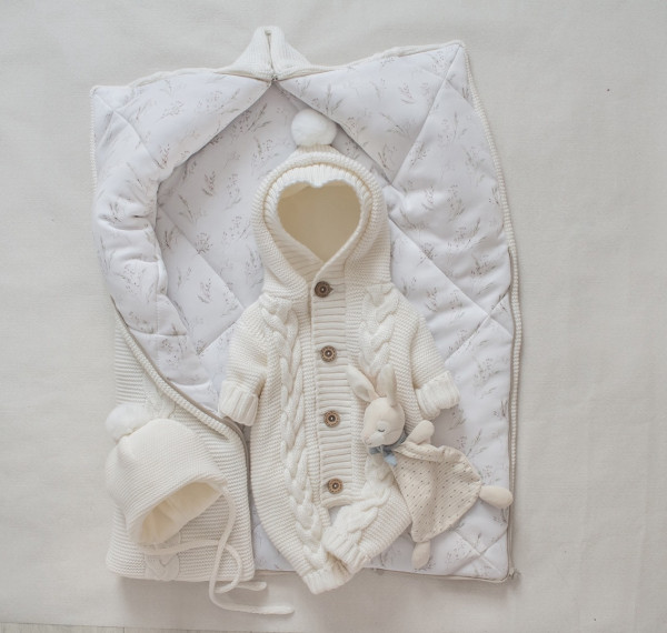 Комплект 3 предмета с помпоном демисезонный Молочный с веточками