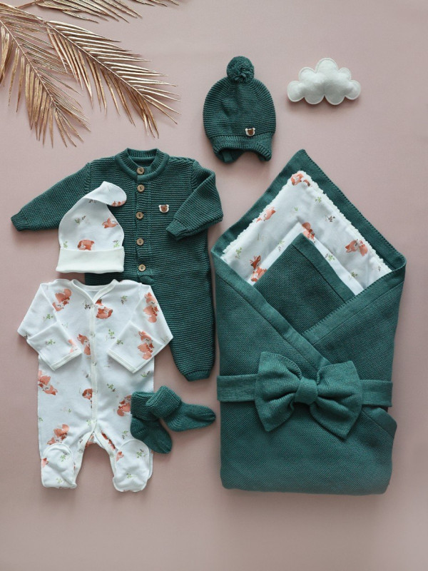 Комплект на выписку из 8-и предметов "ALPACA" Зеленый-оранжевый 