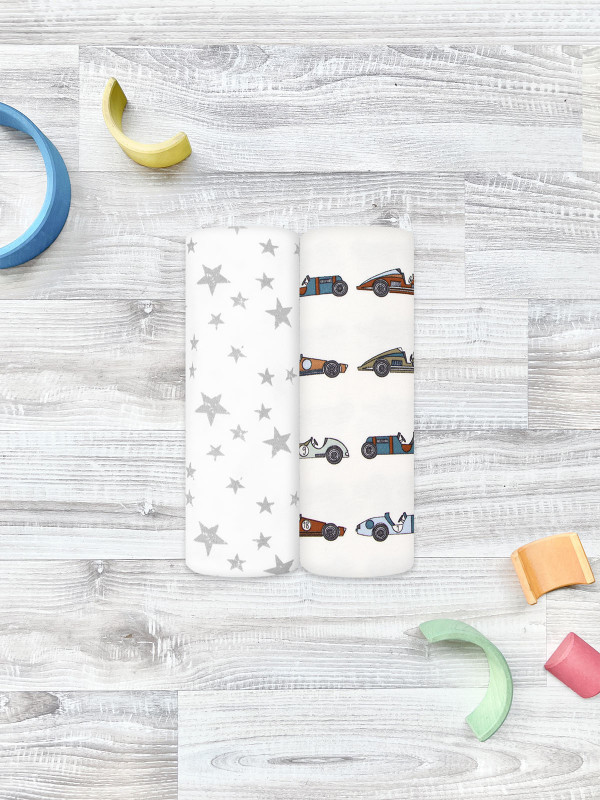 Сет из 2х пелёнок Mjölk Retro Cars/Звёзды 120*85 см