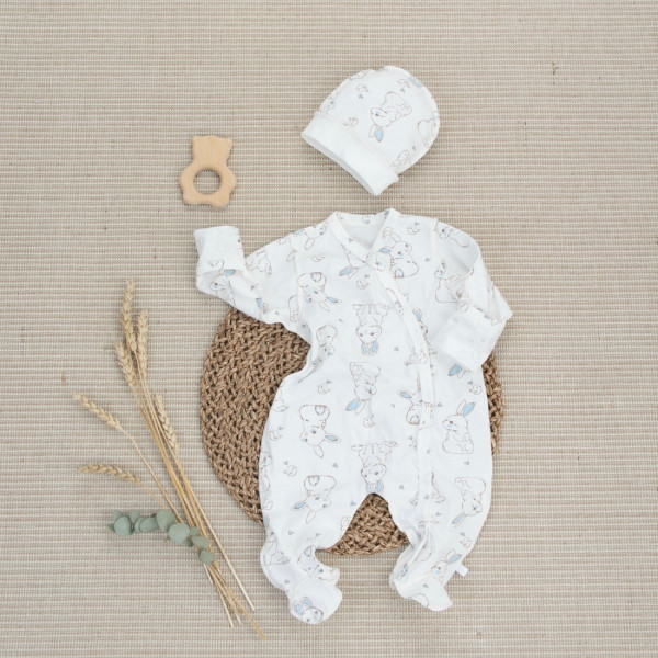 Комбинезон слип с шапочкой "Зайки",голубой