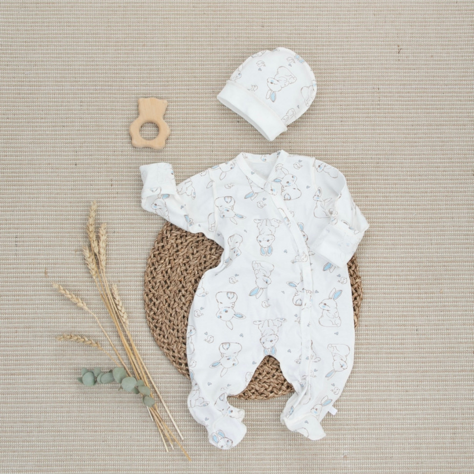 Комбинезон слип с шапочкой "Зайки",голубой