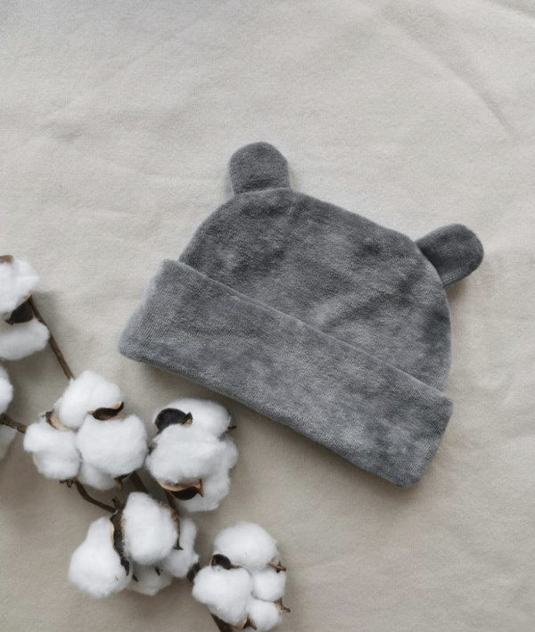 Шапочка с ушками велюр Темно-Серая 0-3 мес 