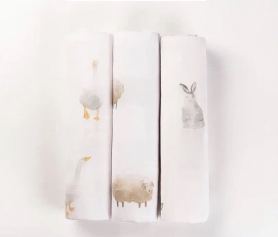Комплект муслиновых пелёнок Кролики/Гуси/Овечки 80*80 см 