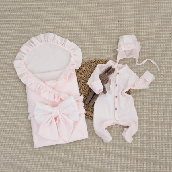 Комплект на выписку 4 предмета "Муслин Рюша.Плед", светло-розовый, лето