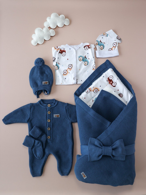 Комплект на выписку из 8-и предметов "ALPACA" Сине-голубой-желтый