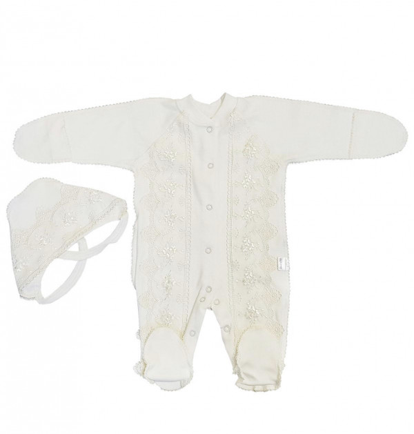 Комплект 2 предмета с кружевом отделка краше (комбинезон, чепчик) Экрю