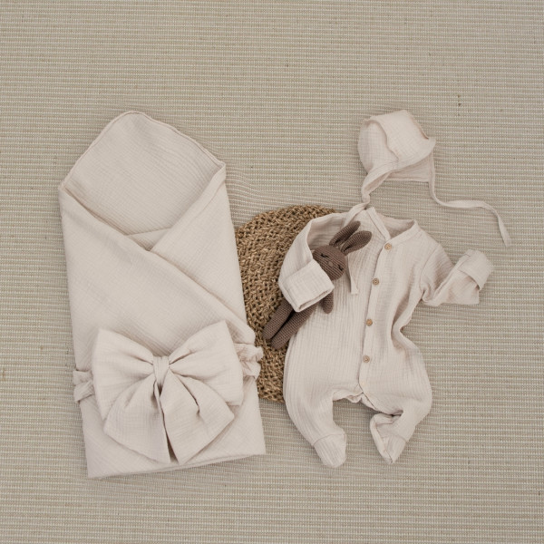 Комплект на выписку 4 предмета "Муслин.Плед", бежевый, лето