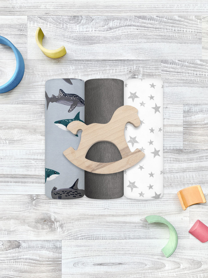 Сет из 3х пелёнок Mjölk Акулы/Звёзды/Steel Grey 120*85 см