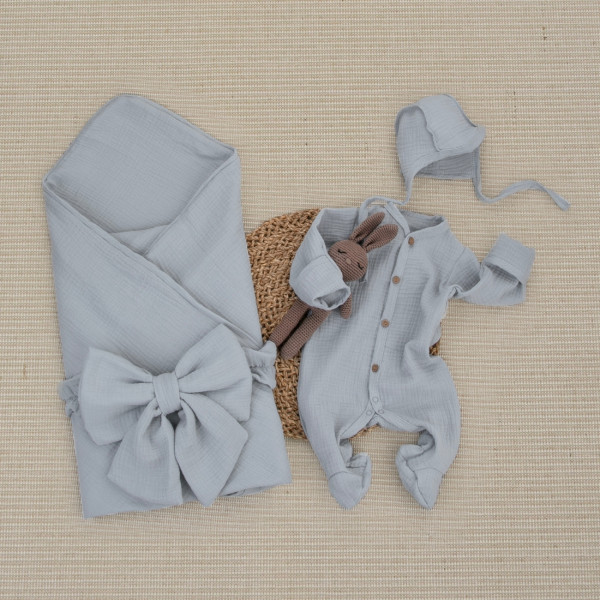 Комплект на выписку 4 предмета "Муслин.Плед", серый, лето