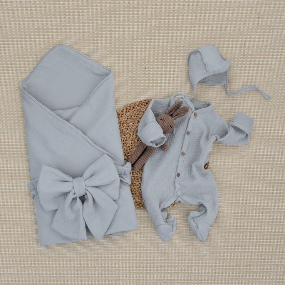 Комплект на выписку 4 предмета "Муслин.Плед", серый, лето