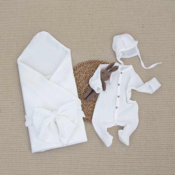 Комплект на выписку 4 предмета "Муслин.Плед", молоко, лето