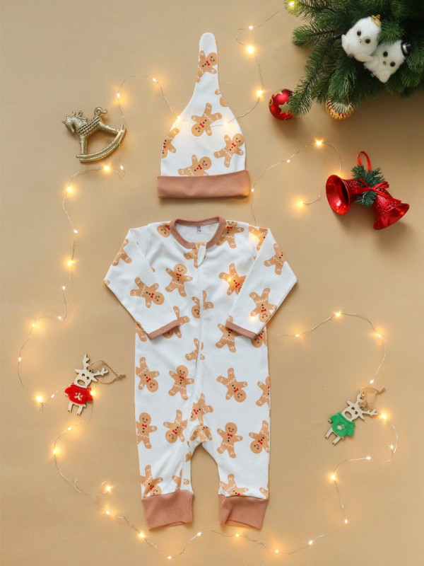 Комбинезон нательный с шапочкой Бежевый  "HAPPY NEW YEAR" 