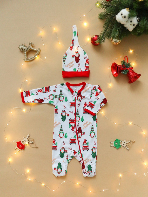 Комбинезон нательный с шапочкой Бело-зелёный  "HAPPY NEW YEAR"