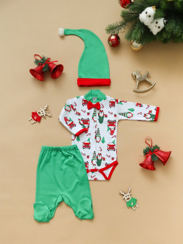 Комплект для малыша из 3-х предметов бело-зелёный   "HAPPY NEW YEAR"