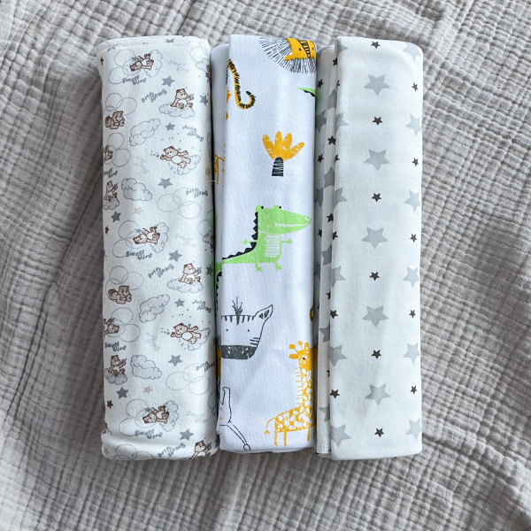 Пеленки интерлок 3шт звёзды/зоопарк/Мишка 90*120 см