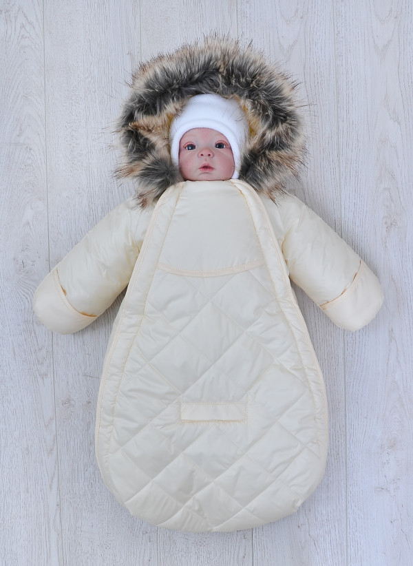 Конверт-комбинезон с ручками 0-6 мес  (овечья шерсть и мех отстегиваются) Молочный 