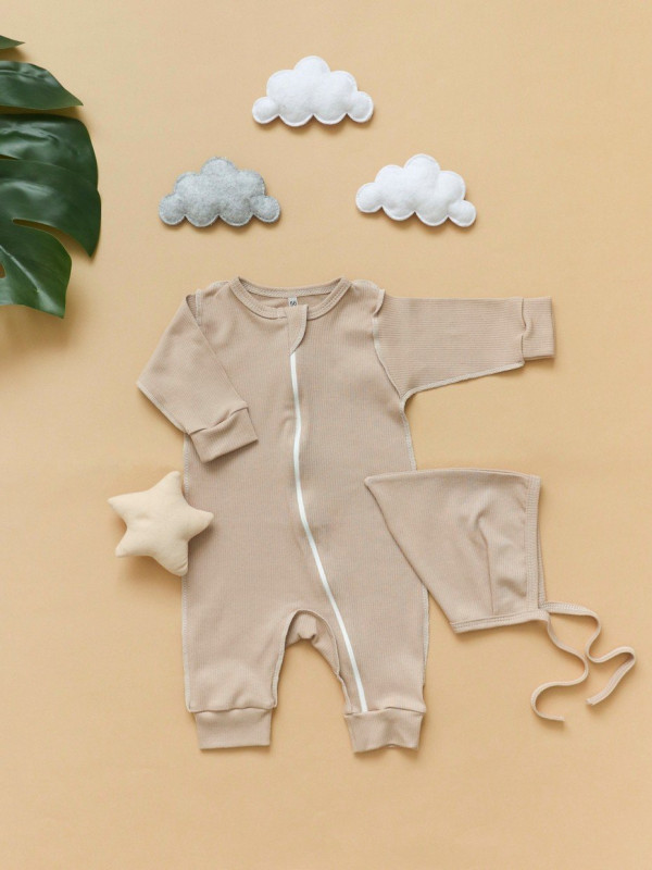 Комбинезон трикотажный на молнии "Полоска" Бежевый 