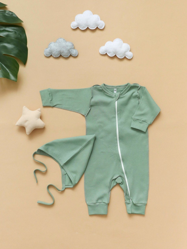 Комбинезон трикотажный на молнии "Полоска" Оливковый 